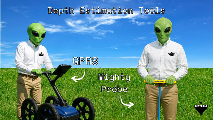Diagram demonstrating underground utility depth estimation using locating and probing tools